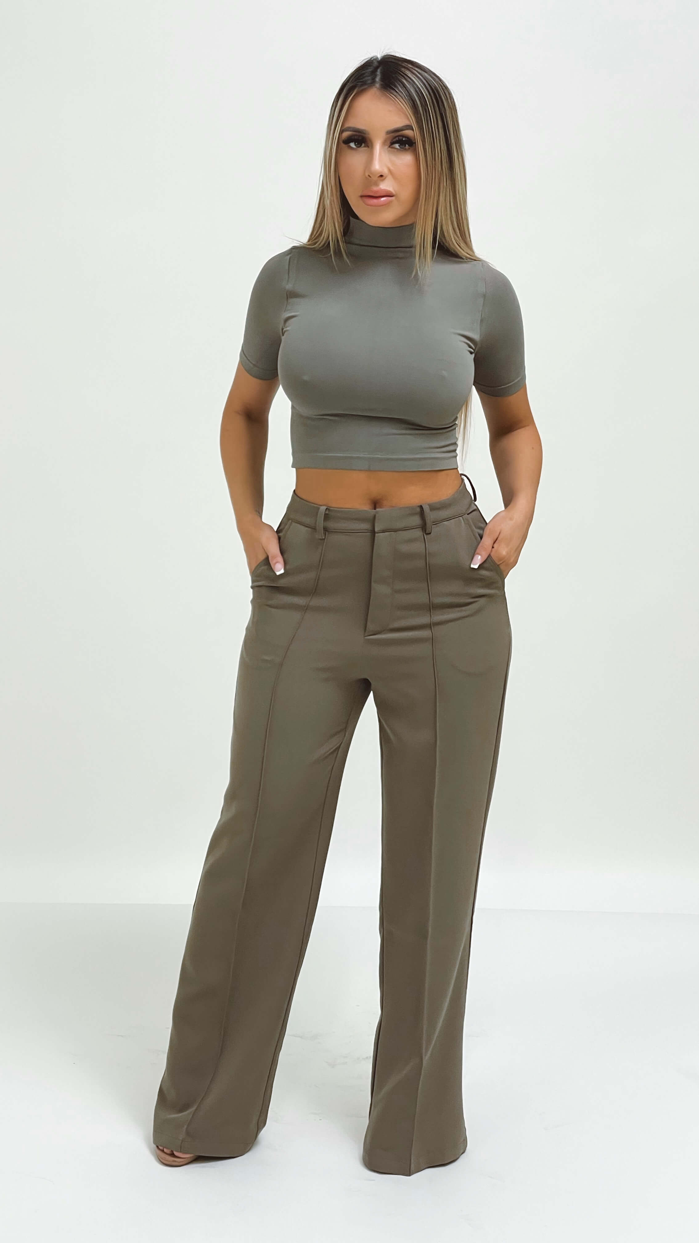 Buy Lipsy Khaki Green Twill High Waist Wide Leg Tailored Trousers from Next  India