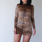High Neck Long Sleeve Bodycon Leopard Mini Dress