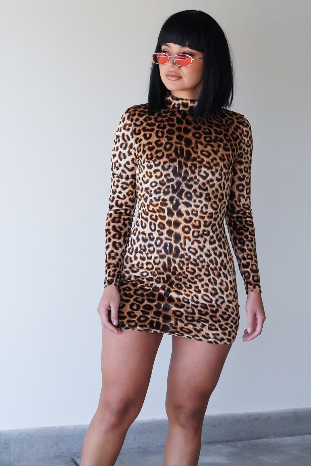 High Neck Long Sleeve Bodycon Leopard Mini Dress